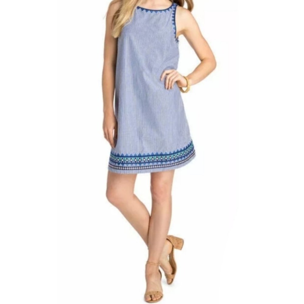 Vineyard Vines Light Blue Striped Embroidered Hem Mini Dress